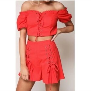 BLUE BLUSH Red Puff Off Shoulder Crop Top High Waist Lace-up Corset Shorts Set L